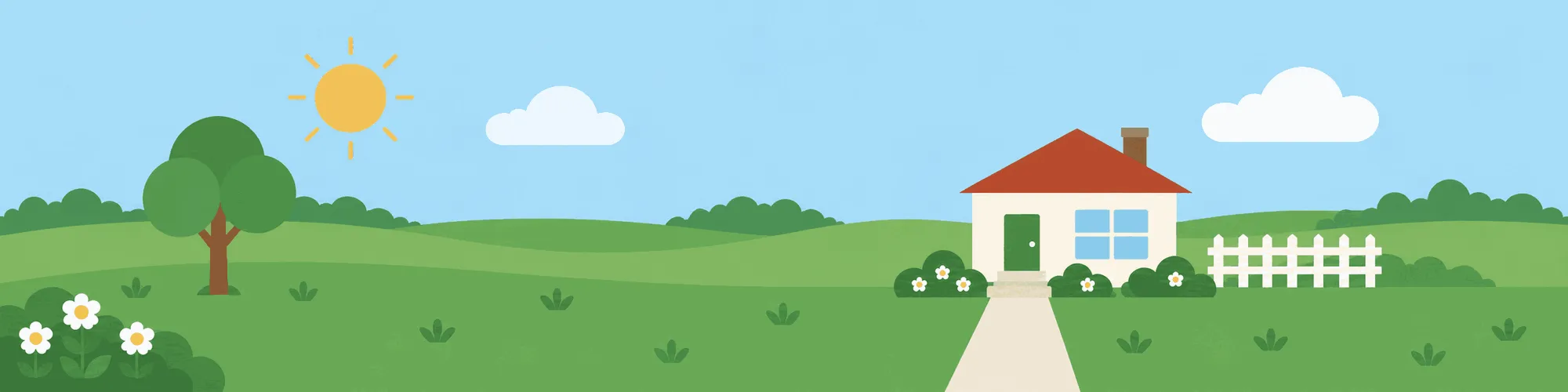 Illustrated lawn with a house, white picket fence, and flowers